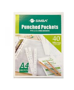 Documents Covers, SIMBA, Punched Sheet Pockets, 40 Micron, A4, Transparent, 100 PC/Pack