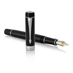 PARKER Duofold Medium 18K Gold Nib Fountain Pen Classic Black Chrome Trim Black Ink