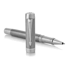 PARKER Duofold Prestige Fine Rollerball Pen Ruthenium Chiselled Chrome Trim Black Ink