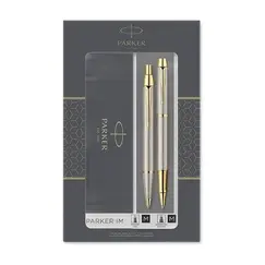 PARKER IM Duo Ballpoint Pen and Rollerball Pen Brushed Metal Gold Trim (2 pcs/set)