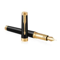 PARKER Premier Medium 18K Gold Nib Fountain Pen Black Lacquer Gold Trim Black Ink