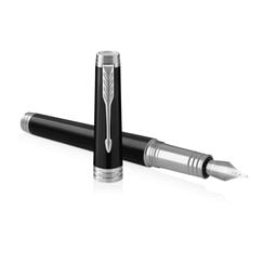 PARKER Premier Medium Fountain Pen Black Lacquer Chrome Trim Black Ink