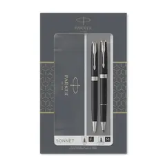 باركر طقم اقلام ثنائي سونيت اسود مطفي بحواف كروم قلم بول بوينت وقلم رولربول