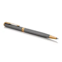 PARKER Sonnet Slim Medium Ballpoint Pen Chiselled Silver Gold Trim Black Ink
