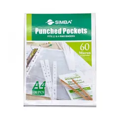 Documents Covers, SIMBA, Punched Sheet Pockets, 60 Micron, A4, Transparent, 100 PC/Pack