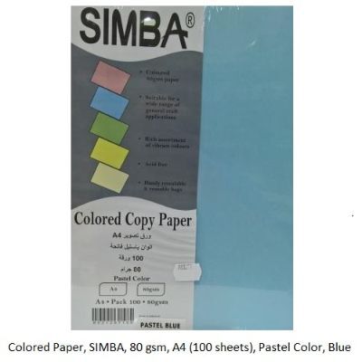 Colored Paper, SIMBA, 80 gsm, A4 (100 sheets), Pastel Color, Blue