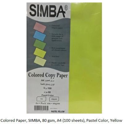 Colored Paper, SIMBA, 80 gsm, A4 (100 sheets), Pastel Color, Yellow