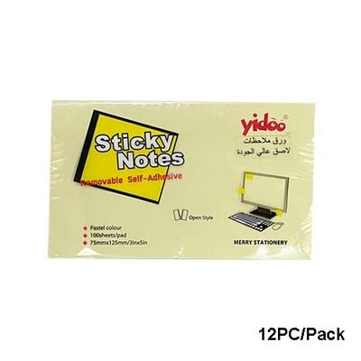 Memo Paper, YIDOO, Sticky Note, (75x125mm), 100 Sheets/pads, Yellow, 12 PC/Pack