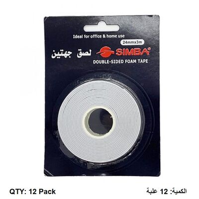 Tape, SIMBA, Double-Sided Foam Tape, 24mm X 3m, 12 Packs