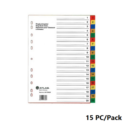 Divider, ATLAS, Color Index Divider, PVC , A4, 20 Colors, 15 PC/Pack