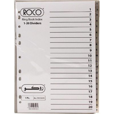 Divider, ROCO,  Index Divider, PVC, A4, 1-20 Numbers, Gray