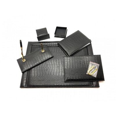 Desk Organizer, GULPAS, Luxury Desk Set Artificial Leather 915, 7 PCs, Leather, Black (Crocodile Design)