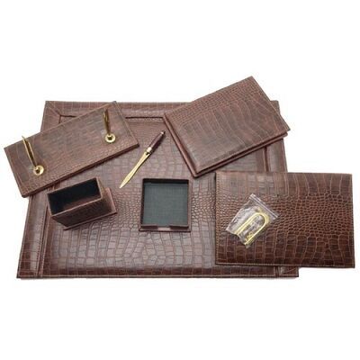 Desk Organizer, GULPAS, Luxury Desk Set Artificial Leather 915, 7 PCs, Leather, Brown (Crocodile Design)