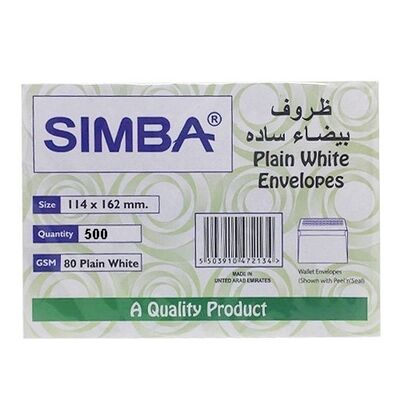 Envelope, SIMBA, Peel-n-Seal White Envelopes , 80 GSM,  (114 X 162 mm), 500 Envelopes
