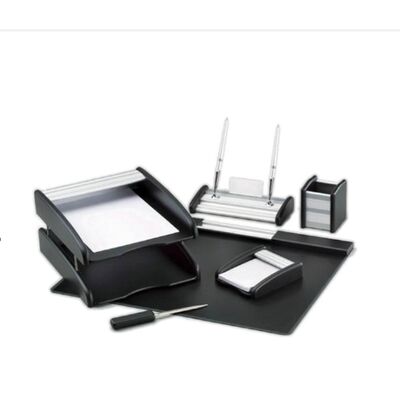 Desk Set of 6 Pieces with Two Drawers - Black and Silver - Base Color is Black