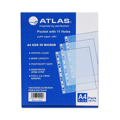 Documents Covers, Atlas, File Pocket, Catalogue, Side holes, A4, Transparent , 100 PC/Pack