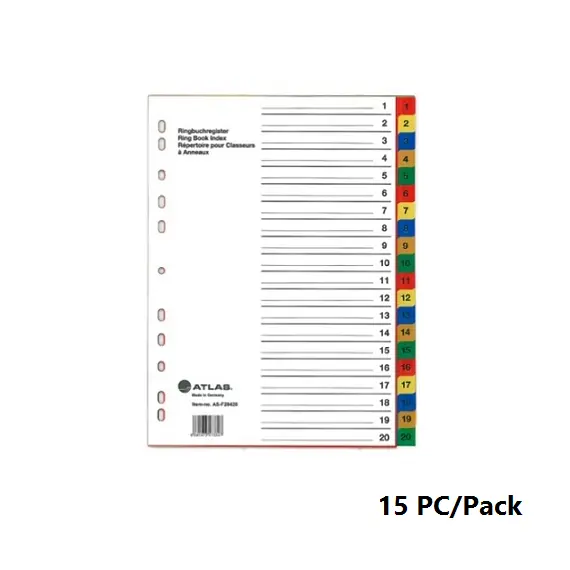 فواصل، اطلس، فواصل مفهرسة للملفات، A4، بلاستيك، 20 لون، 15 حبة/علبة
