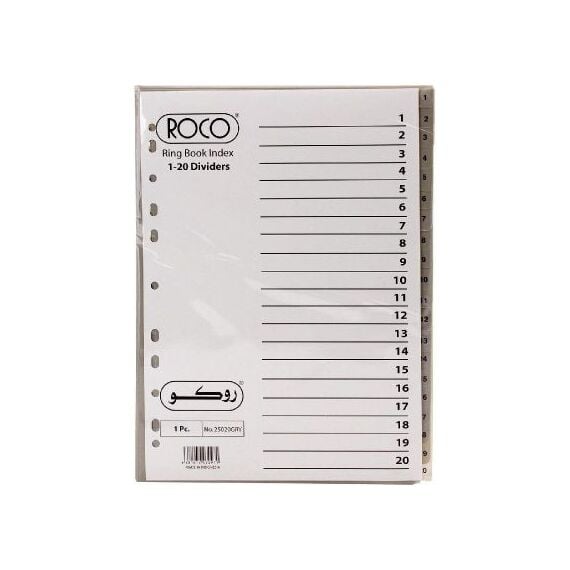 Divider, ROCO,  Index Divider, PVC, A4, 1-20 Numbers, Gray