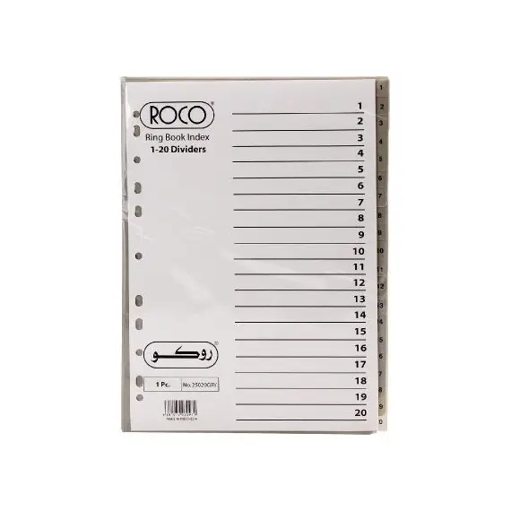 فواصل، روكو، فواصل مفهرسة للملفات، A4، بلاستيك، 1-20 علامة تبويب مرقمة، رصاصي