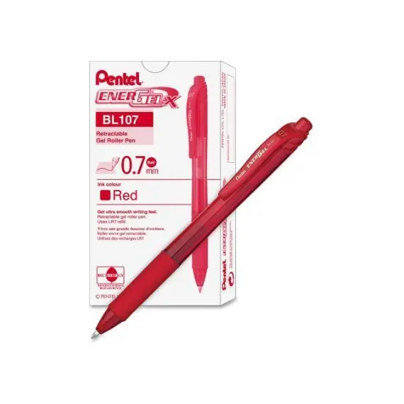 Pen, Pentel, BL107-BH, 0.7mm,Energel X,Retractable, Red, 12 Pcs/Pack