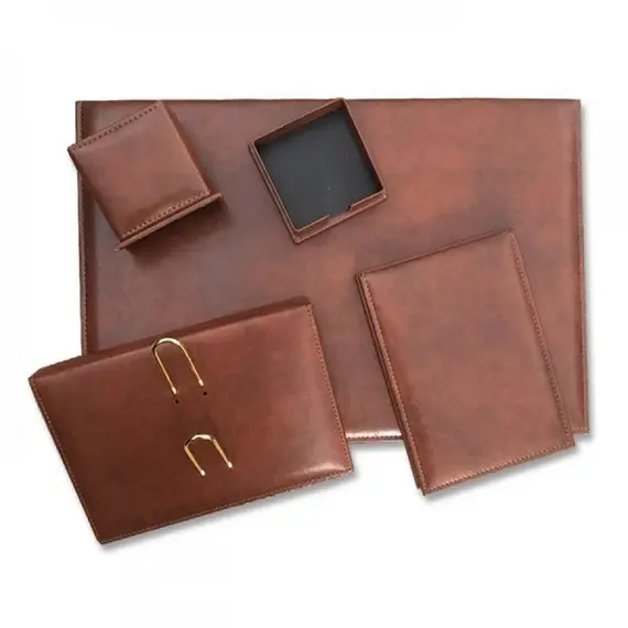 Desk Organizer, GULPAS, Desk Set Artificial Leather 902, 5 PCs, Leather, Brown