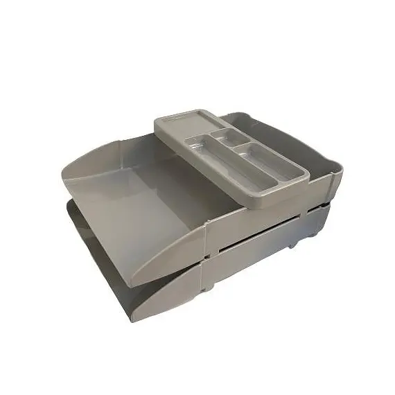 حاوية مستندات مكتبية طبقتين مع حامل اقلام مترو بلاستيك رصاصي