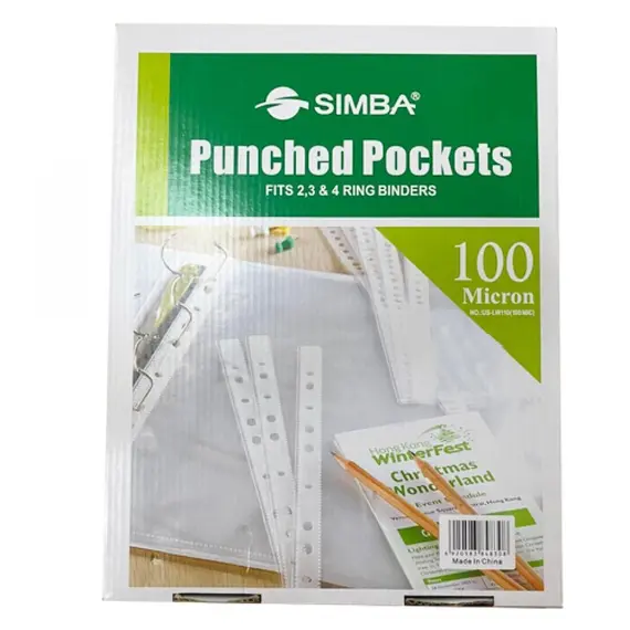 Documents Covers, SIMBA, Punched Sheet Pockets, 100 Micron, A4, Transparent, 100 PC/Pack