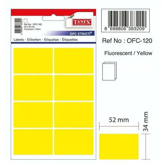Labels, TANEX, 10 Sheet / bags, Desktop Sticker 34*52 mm, Yellow Neon , 30 Bags/ Pack