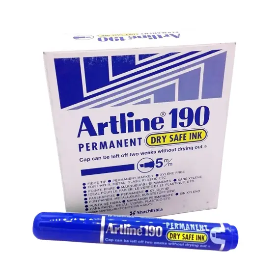 قلم ماركر ثابت، معلم ارتلاين 190، راس مشطوف، 2-5مم، ازرق، 12 حبة/ علبة