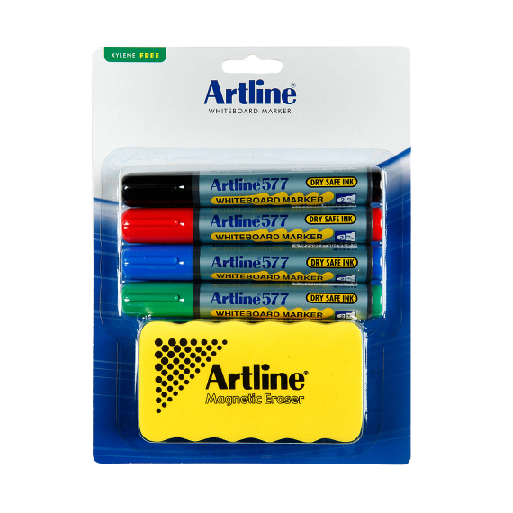 قلم سبورة بيضاء مع ممسحة، ARTLINE، طرف مشطوف، 4 ألوان