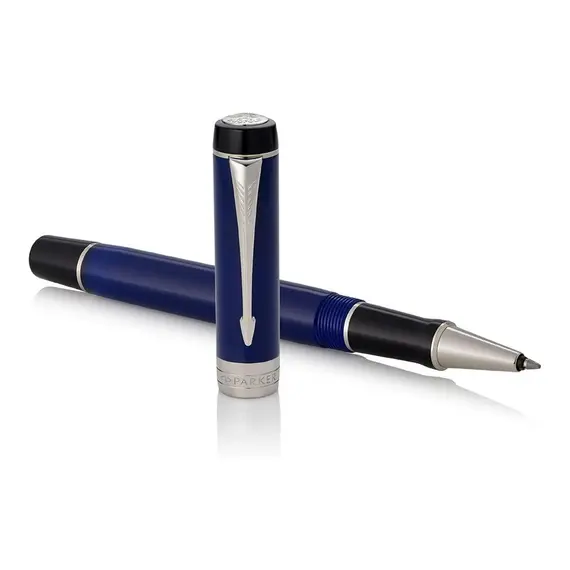 PARKER Duofold Fine Rollerball Pen Classic Blue and Black Chrome Trim Black Ink