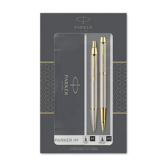 PARKER IM Duo Ballpoint Pen and Rollerball Pen Brushed Metal Gold Trim (2 pcs/set)