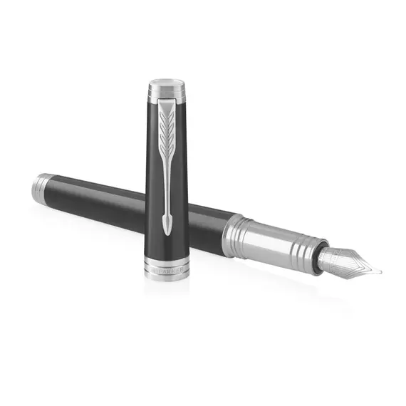 PARKER Premier Medium Fountain Pen Black Lacquer Chrome Trim Black Ink