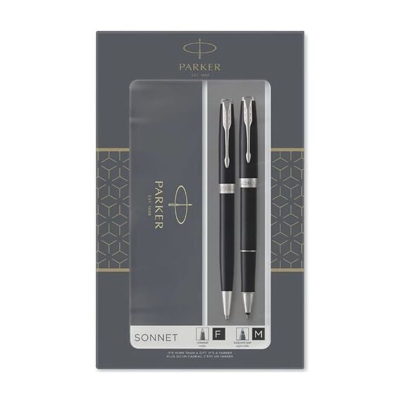 PARKER Sonnet Duo Ballpoint Pen and Rollerball Pen Muted Black Chrome Trim (2 pcs/set)