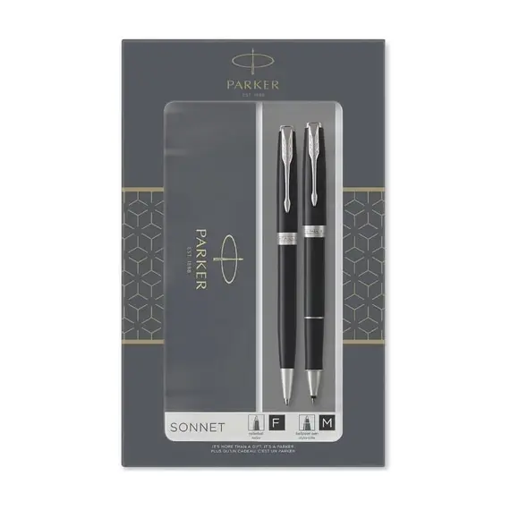 باركر طقم اقلام ثنائي سونيت اسود مطفي بحواف كروم قلم بول بوينت وقلم رولربول