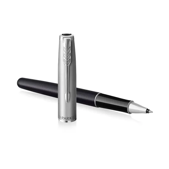 PARKER Sonnet Essential Fine Rollerball Pen Black and Sandblasted Steel Chrome Trim Black Ink