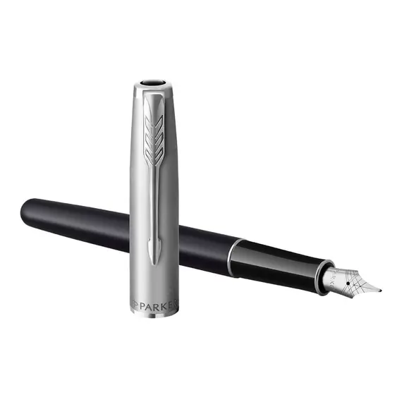 PARKER Sonnet Essential Medium Fountain Pen Black and Sandblasted Steel Chrome Trim