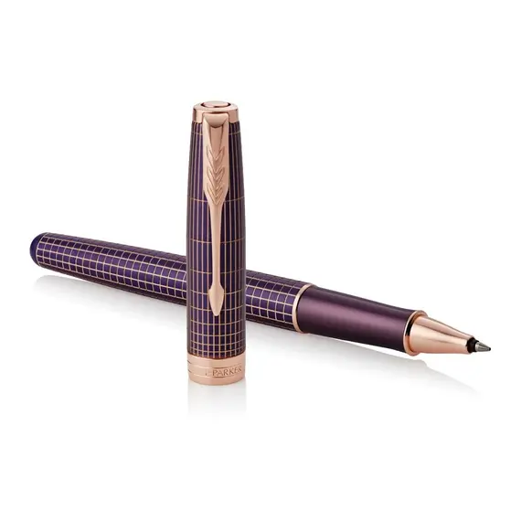 PARKER Sonnet Fine Rollerball Pen Chiselled Purple Matrix Rose Gold Trim Black Ink