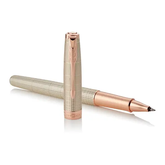 PARKER Sonnet Fine Rollerball Pen Chiselled Silver Rose Gold Trim Black Ink