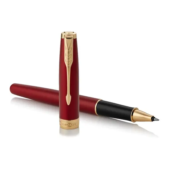 PARKER Sonnet Fine Rollerball Pen Red Lacquer Gold Trim Black Ink