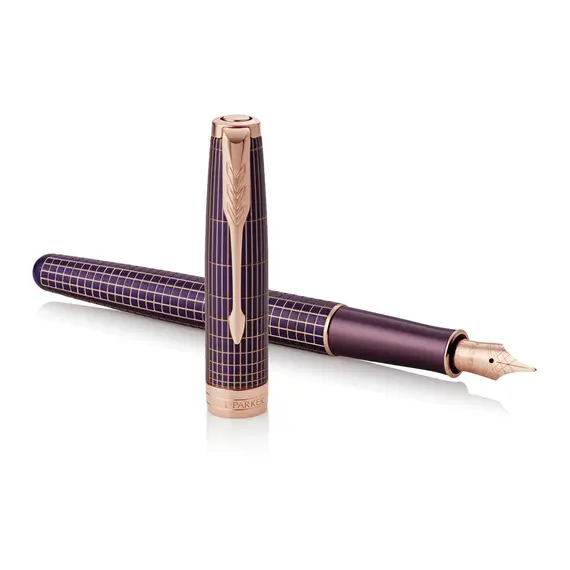 PARKER Sonnet Medium 18K Gold Nib Fountain Pen Chiselled Purple Matrix Rose Gold Trim