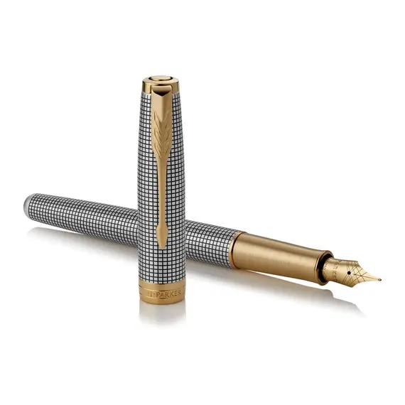 PARKER Sonnet Medium 18K Gold Nib Fountain Pen Chiselled Sterling Silver Gold Trim Black Ink