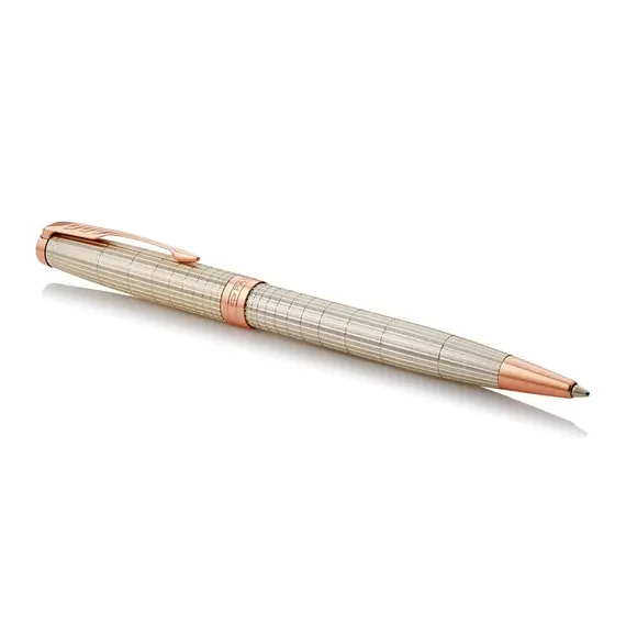 PARKER Sonnet Medium Ballpoint Pen Chiselled Silver Rose Gold Trim Black Ink