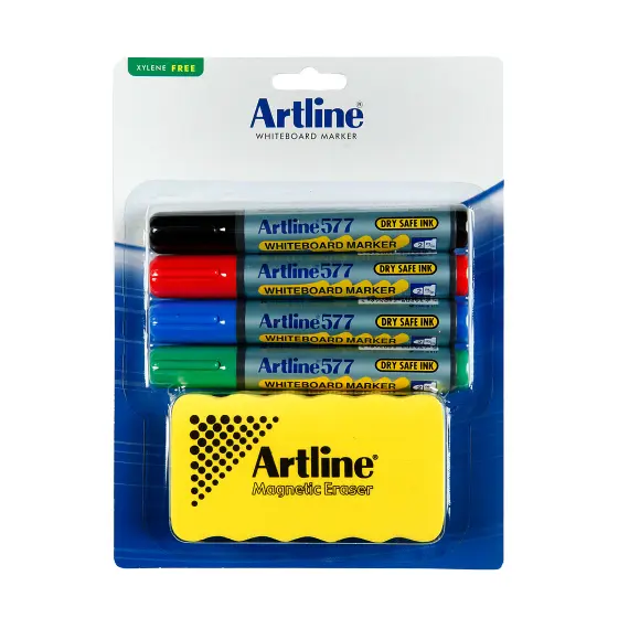 قلم سبورة بيضاء مع ممسحة، ARTLINE، طرف مشطوف، 4 ألوان