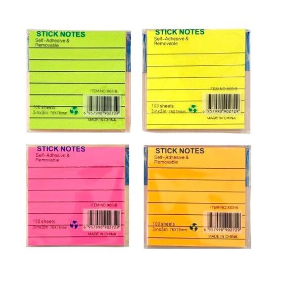 Memo Paper, Neon Lined Sticky Note, (75x75mm), 100 Sheets/pads, 5 Colors, 12 PC/Pack
