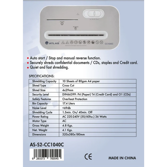 Shredder, ATLAS Paper Shredder CC1040C Shredder, ATLAS Paper Shredder CC1040C