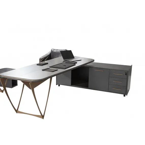 Office Set ICON Executive Manager Desk with Extension Black & Gold 3-Piece (TLLL-DS001)