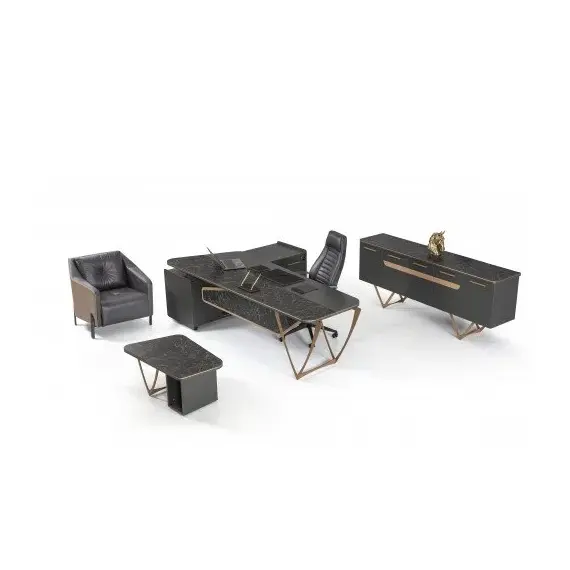 Office Set ICON Executive Manager Desk with Extension Black & Gold 3-Piece (TLLL-DS001)