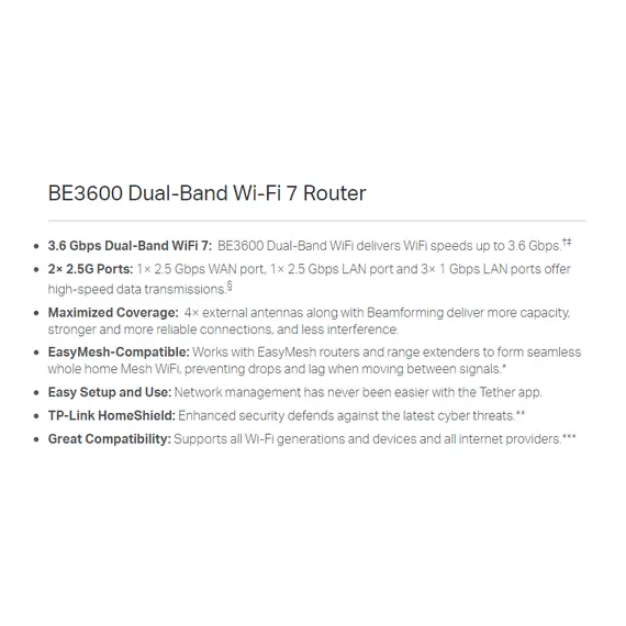 TP-Link Router BE3600 Dual-Band Wi-Fi 7 (Archer BE230)