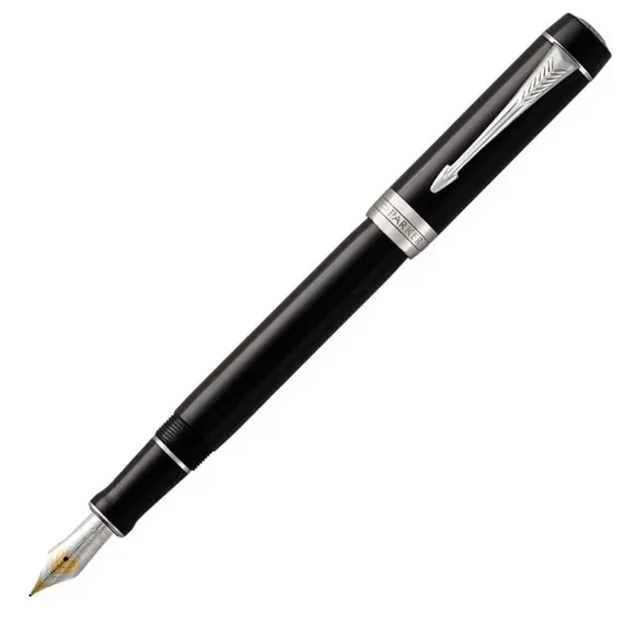 PARKER Duofold Medium 18K Gold Nib Fountain Pen Classic Black Chrome Trim Black Ink, 2 image